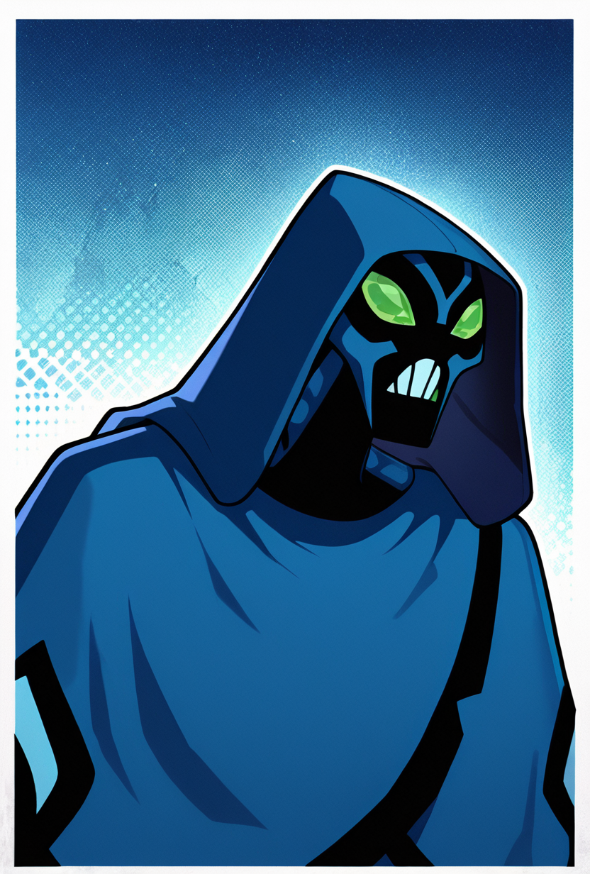 25071-2941506916-_lora_bigchill-07_1_ bigchill, solo, 1boy, green eyes, blue skin, no humans, green sclera, teeth, no pupils,, hood, blue cloak,.png